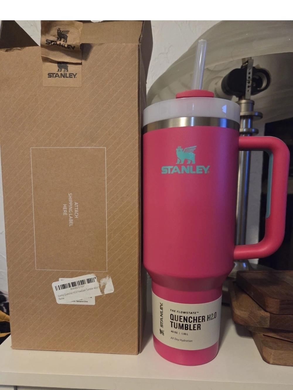 Stanley Pink Travel Mug with Teal Logo and Straw